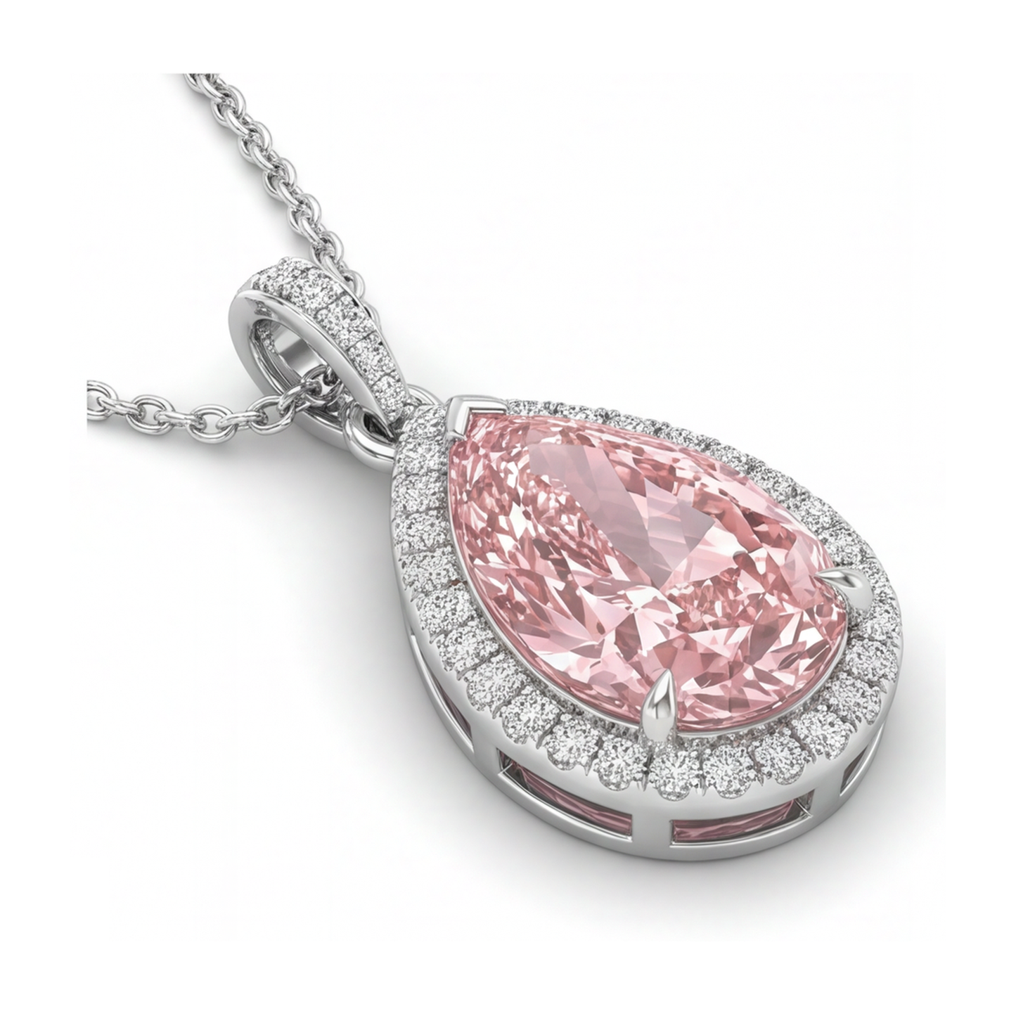 Pendente con Diamante Rosa da Laboratorio 6 Carati a Goccia Halo in Oro Bianco 14K