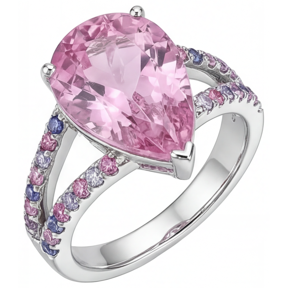 Kunzite Solitario con Pietre Laterali 12-carati Oro 14 Carati Bianco – vista principale
