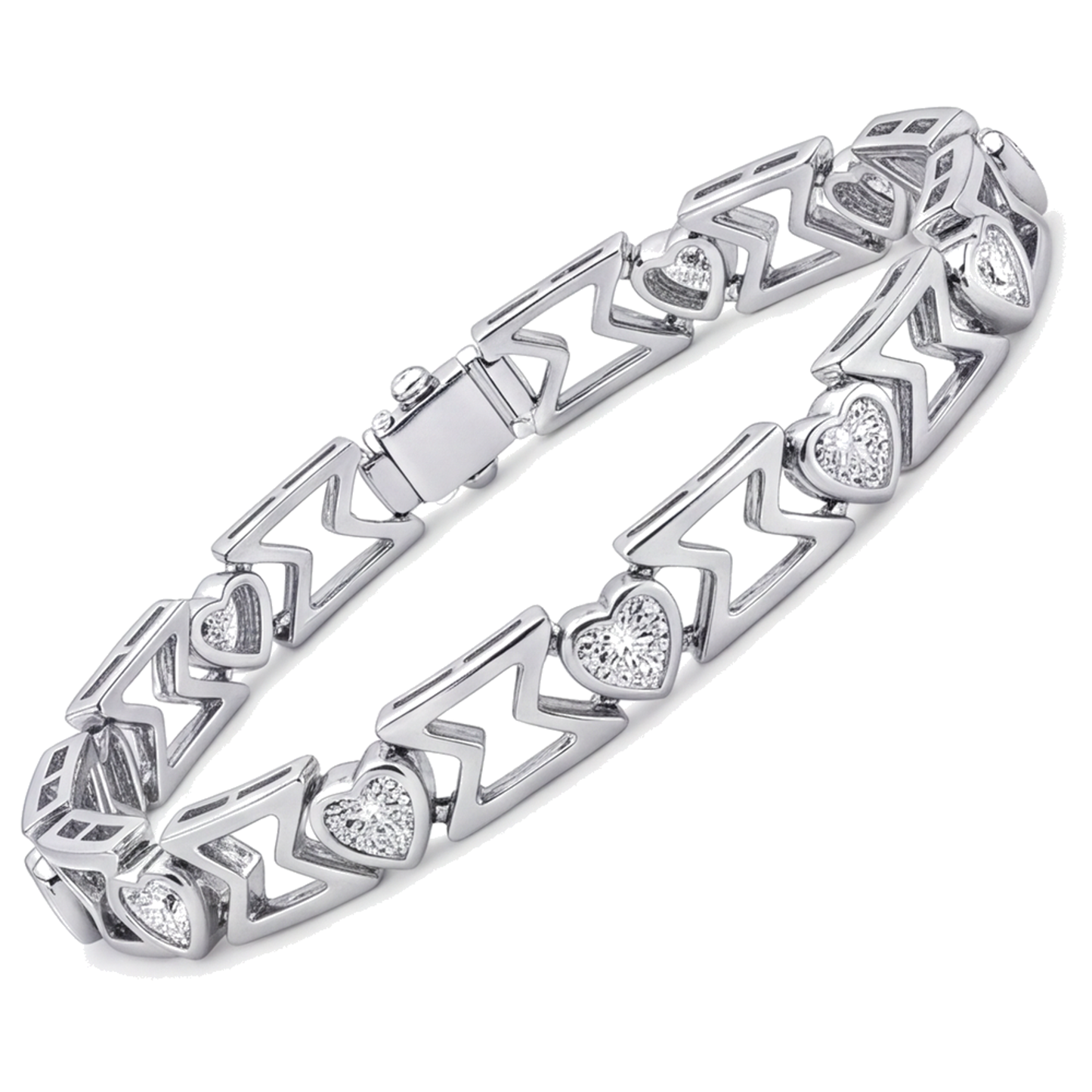 Bracciale con diamanti da laboratorio da 5 carati a maglia chevron a cuore in Oro Bianco 14 carati, 7 pollici