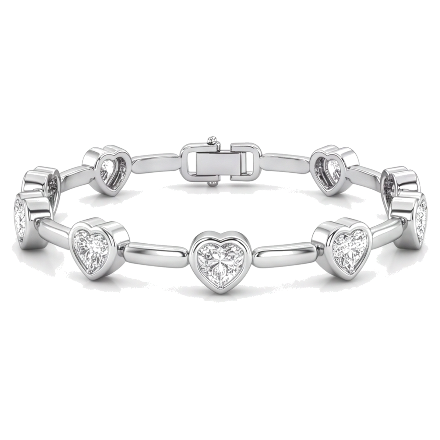 Bracciale con diamanti da laboratorio da 4 carati con maglie a barretta e cuori in Oro Bianco 14K, 7 pollici