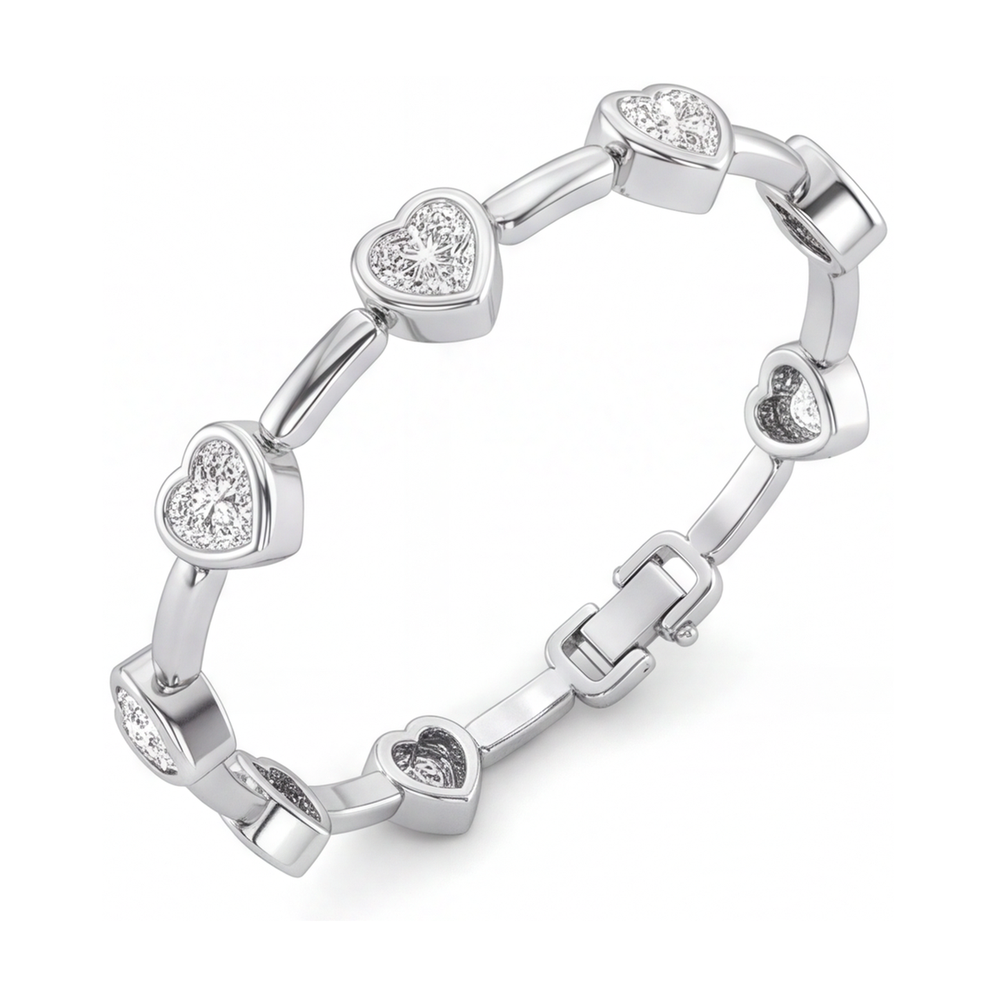 Bracciale con diamanti da laboratorio da 4 carati con maglie a barretta e cuori in Oro Bianco 14K, 7 pollici