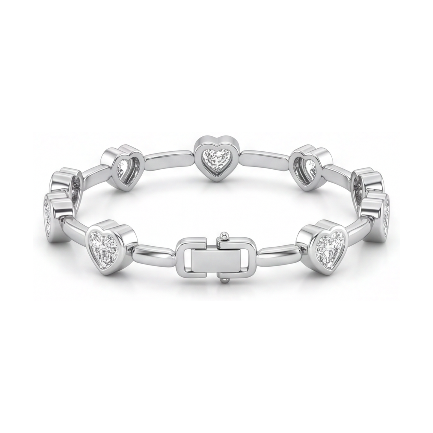 Bracciale con diamanti da laboratorio da 4 carati con maglie a barretta e cuori in Oro Bianco 14K, 7 pollici