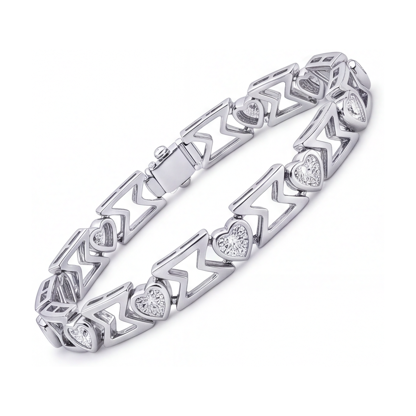 Bracciale con diamanti da laboratorio da 5 carati a maglia chevron a cuore in Oro Bianco 14 carati, 7 pollici