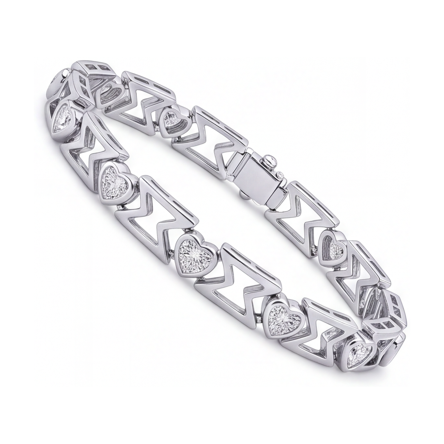 Bracciale con diamanti da laboratorio da 5 carati a maglia chevron a cuore in Oro Bianco 14 carati, 7 pollici