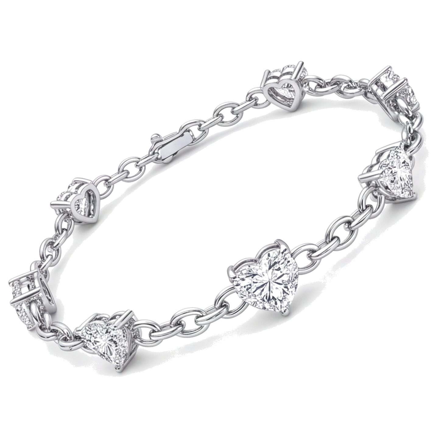 Bracciale a Stazioni con Cuori e Diamanti da Laboratorio 3 Carati in Oro Bianco 14K, 7 Pollici