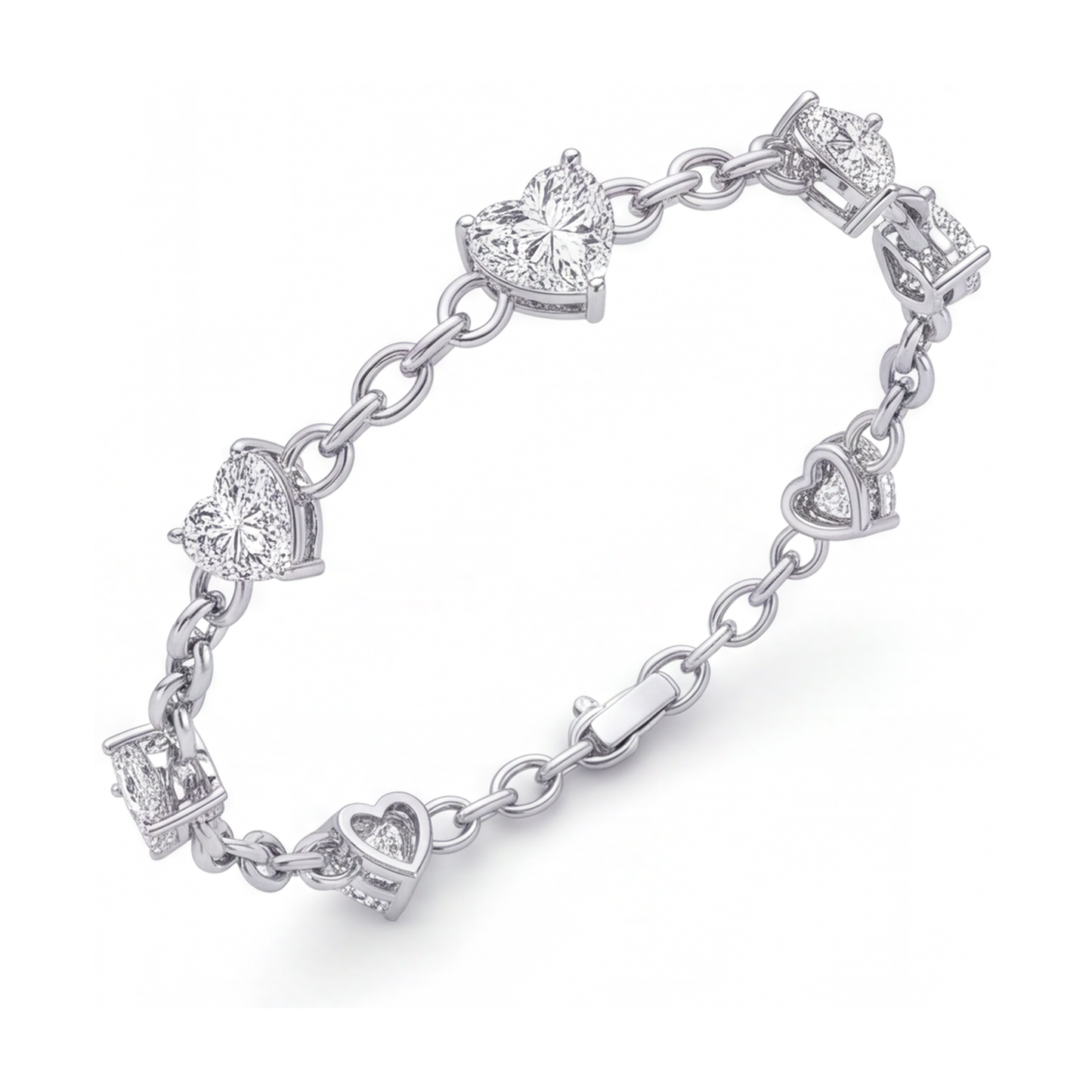 Bracciale a Stazioni con Cuori e Diamanti da Laboratorio 3 Carati in Oro Bianco 14K, 7 Pollici