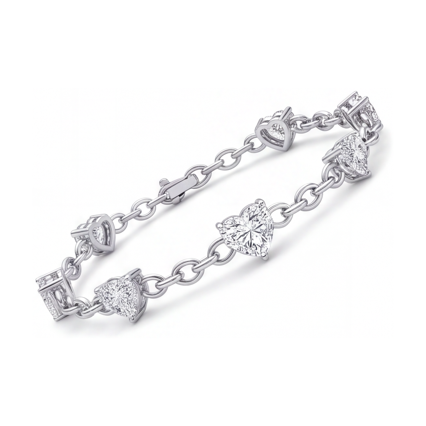 Bracciale a Stazioni con Cuori e Diamanti da Laboratorio 3 Carati in Oro Bianco 14K, 7 Pollici