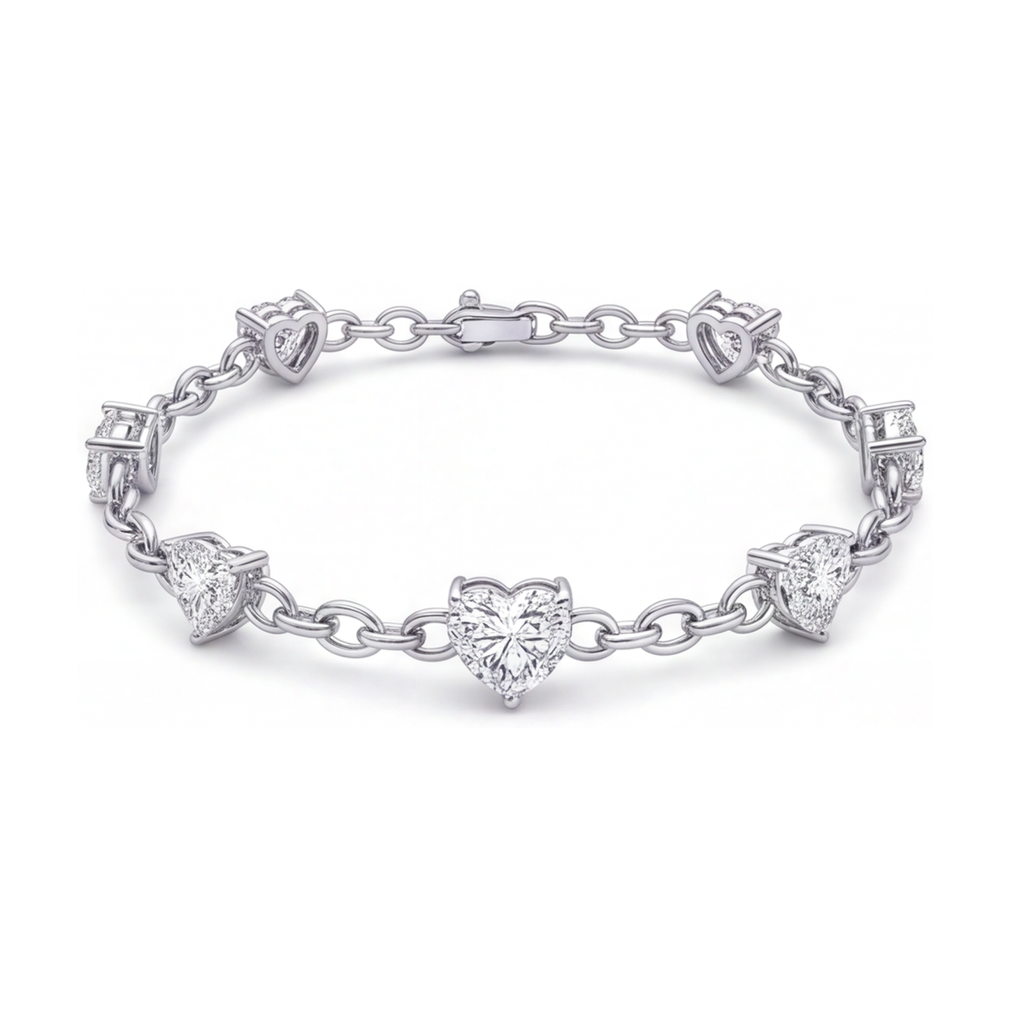 Bracciale a Stazioni con Cuori e Diamanti da Laboratorio 3 Carati in Oro Bianco 14K, 7 Pollici