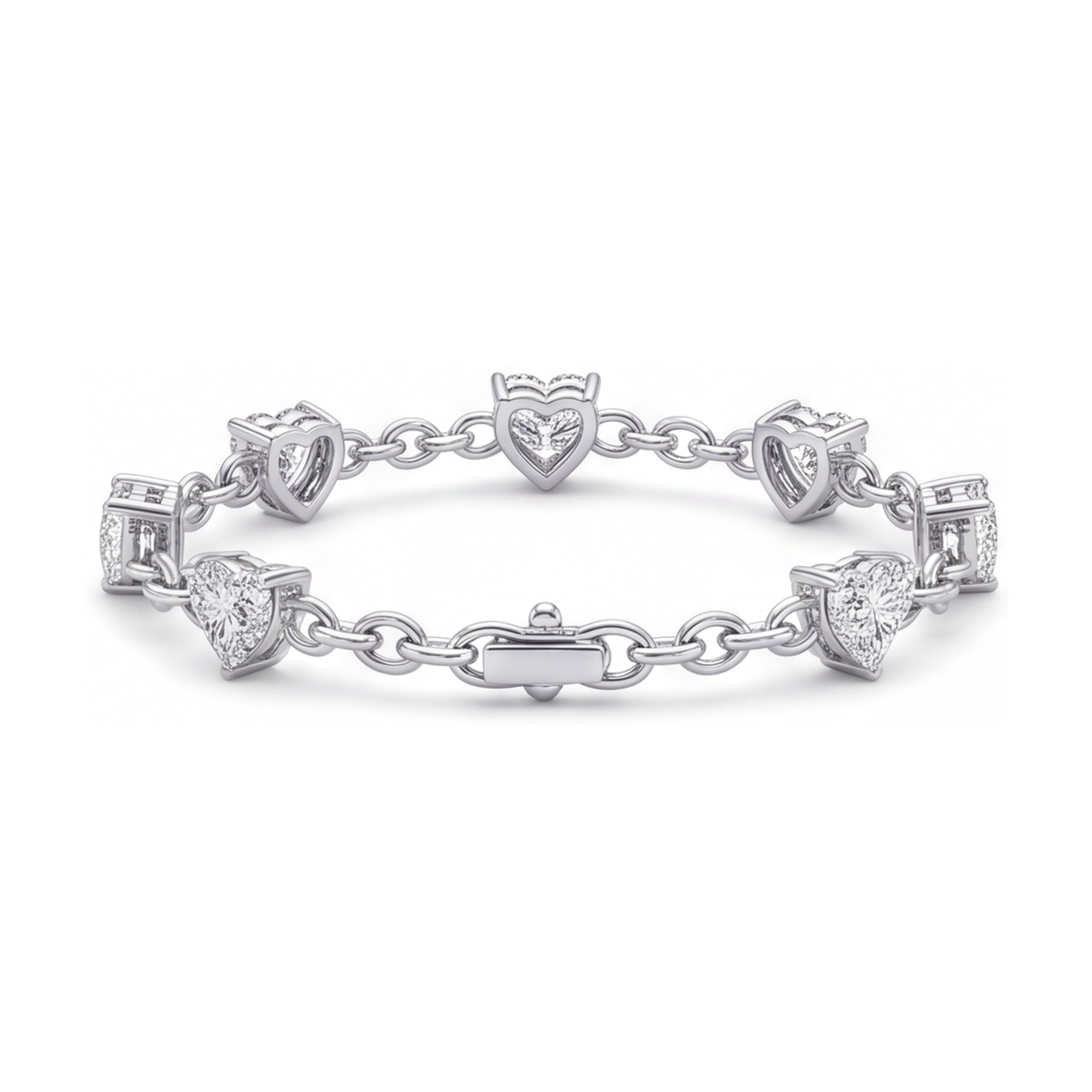 Bracciale a Stazioni con Cuori e Diamanti da Laboratorio 3 Carati in Oro Bianco 14K, 7 Pollici