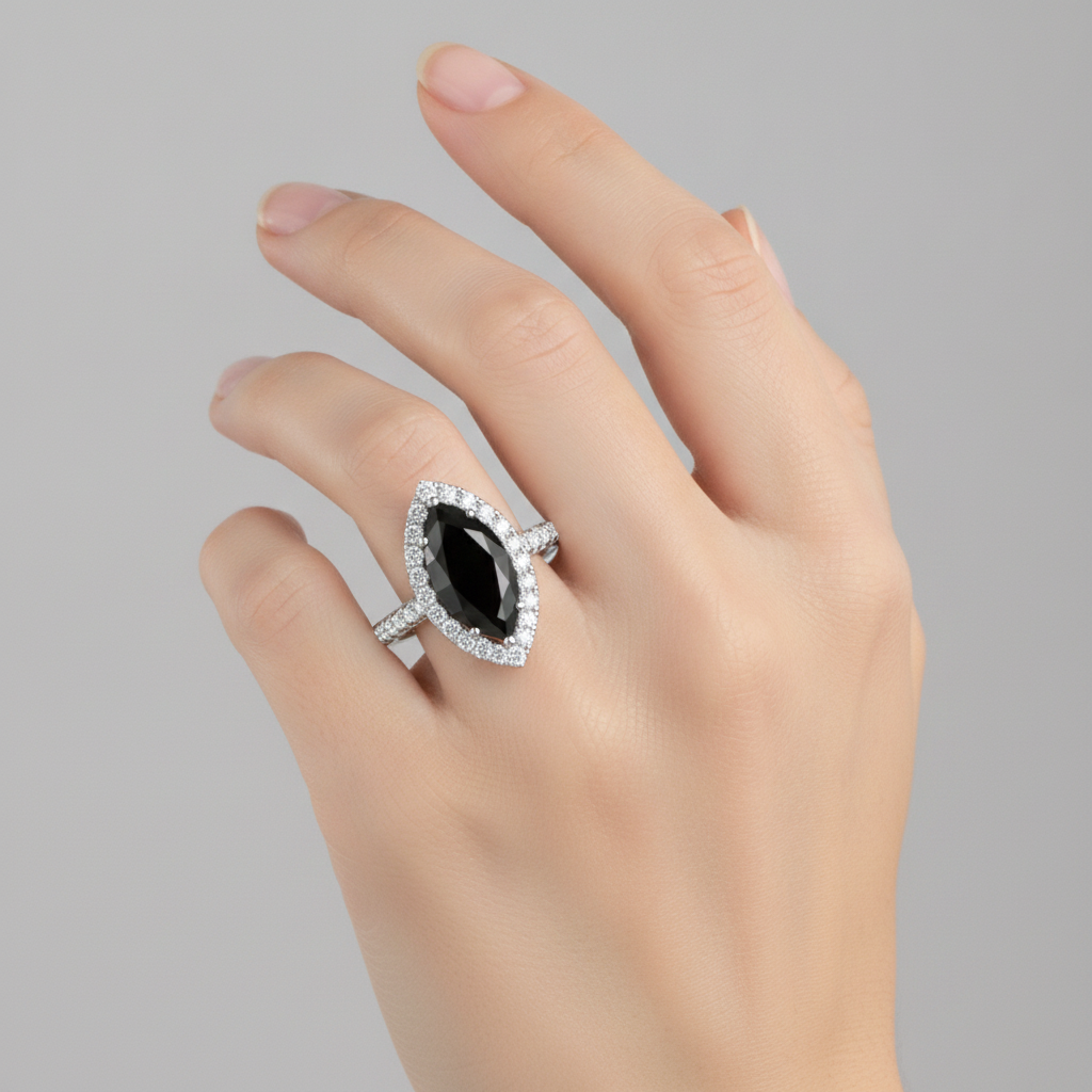 Gioielli con Diamante Nero - Anello Halo Taglio Marquise Autentico da 6 Carati in Oro Bianco 14K