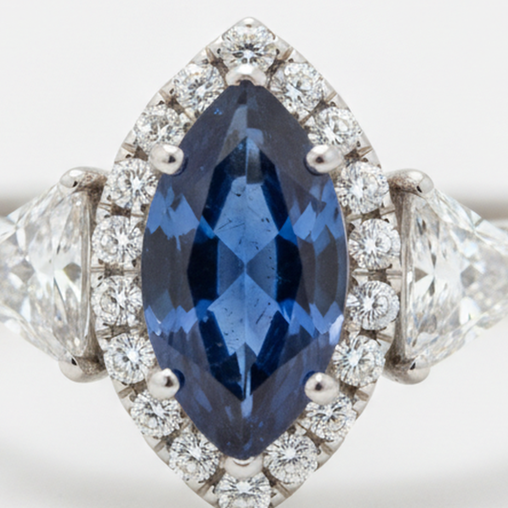 Anello di Fidanzamento con Zaffiro Blu Naturale Taglio Marquise da 3 Carati Halo a Tre Pietre in Platino