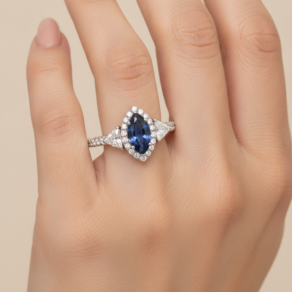 Anello di Fidanzamento con Zaffiro Blu Naturale Taglio Marquise da 3 Carati Halo a Tre Pietre in Platino