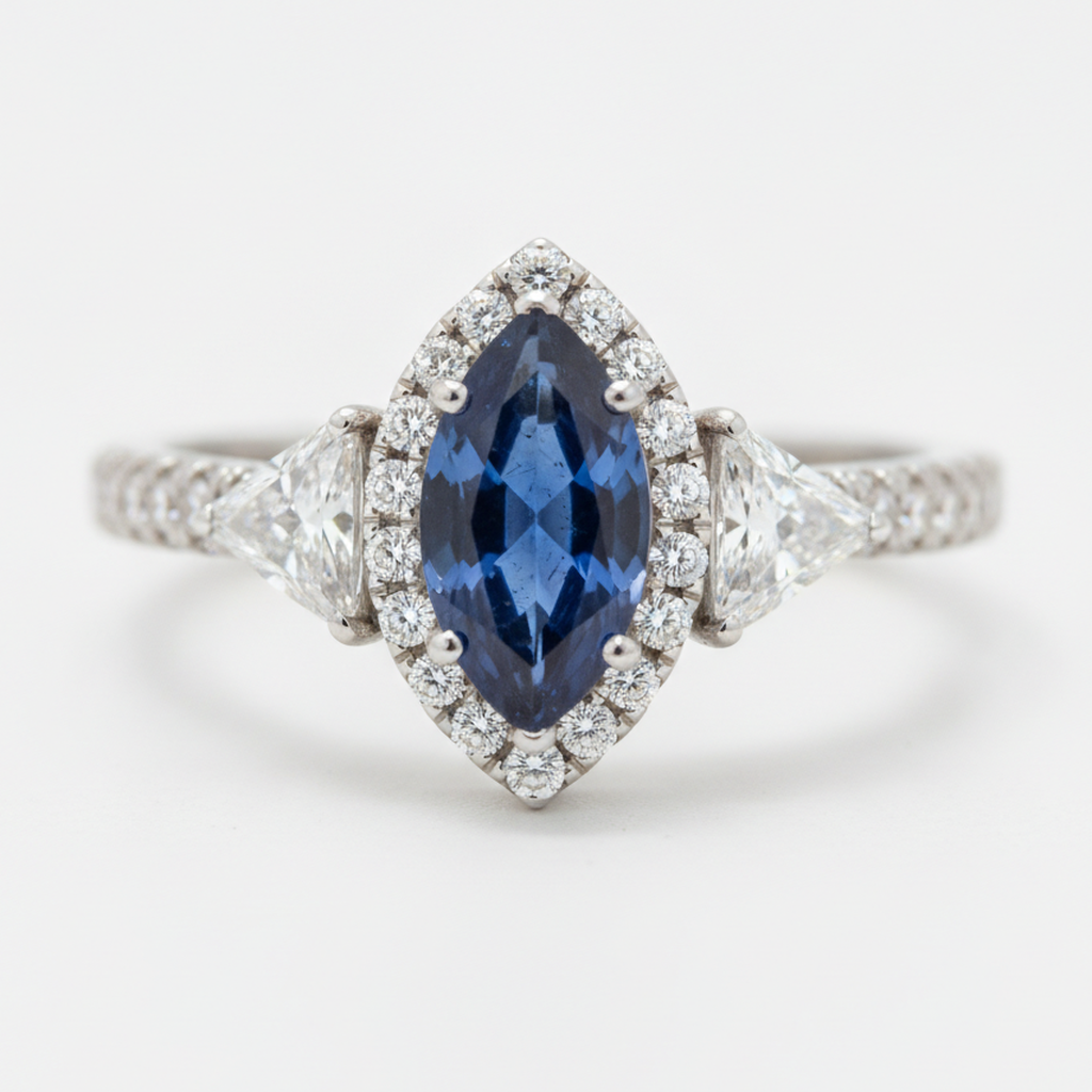 Anello di Fidanzamento con Zaffiro Blu Naturale Taglio Marquise da 3 Carati Halo a Tre Pietre in Platino