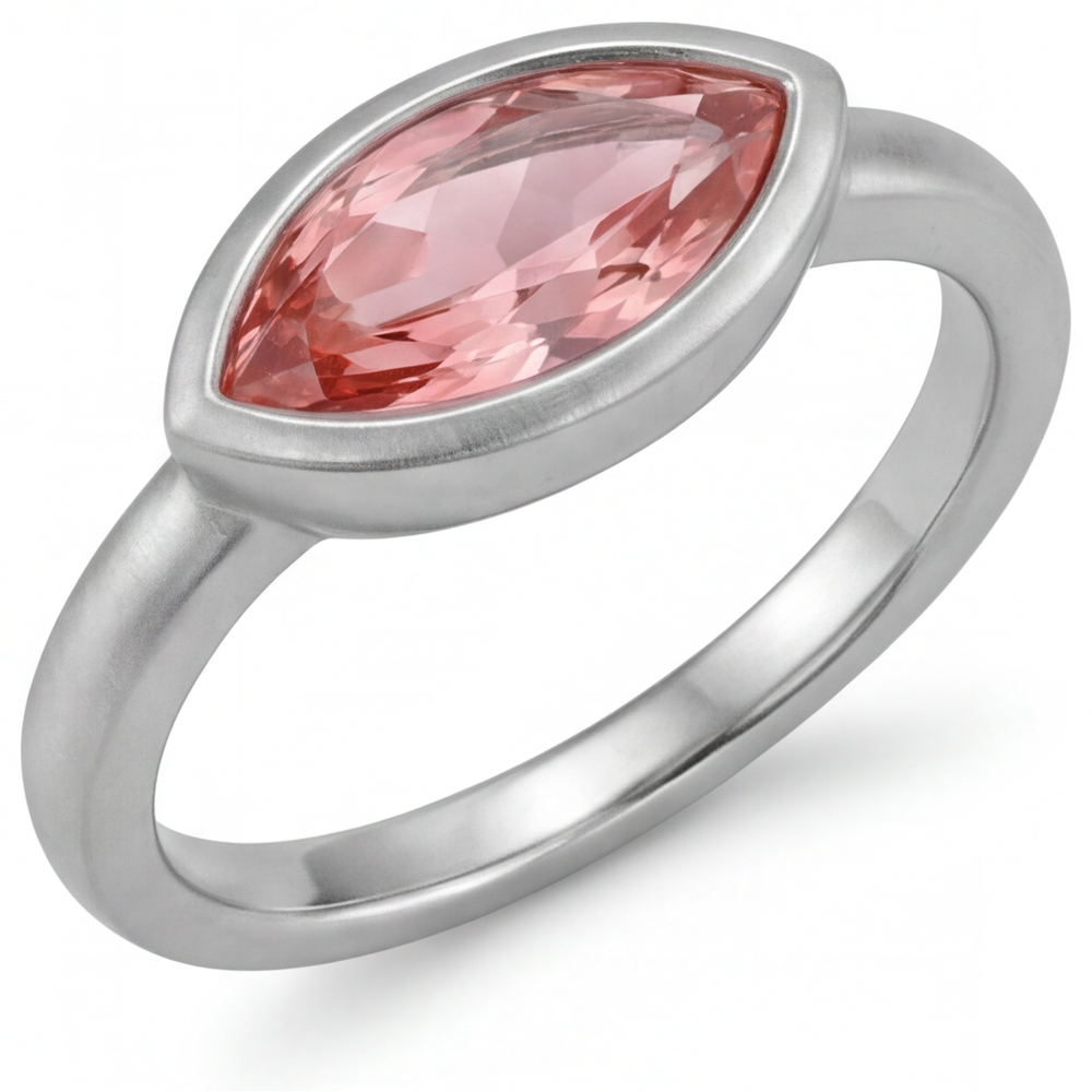 Anello Solitario Antico con Zaffiro Padparadscha da Laboratorio Taglio Marquise Lunetta 3,5 Carati in Oro Bianco 14K