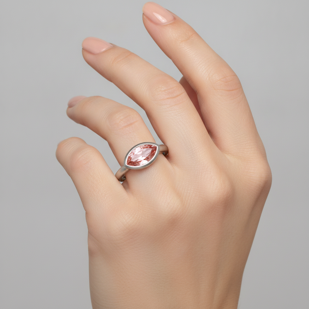 Anello Solitario Antico con Zaffiro Padparadscha da Laboratorio Taglio Marquise Lunetta 3,5 Carati in Oro Bianco 14K
