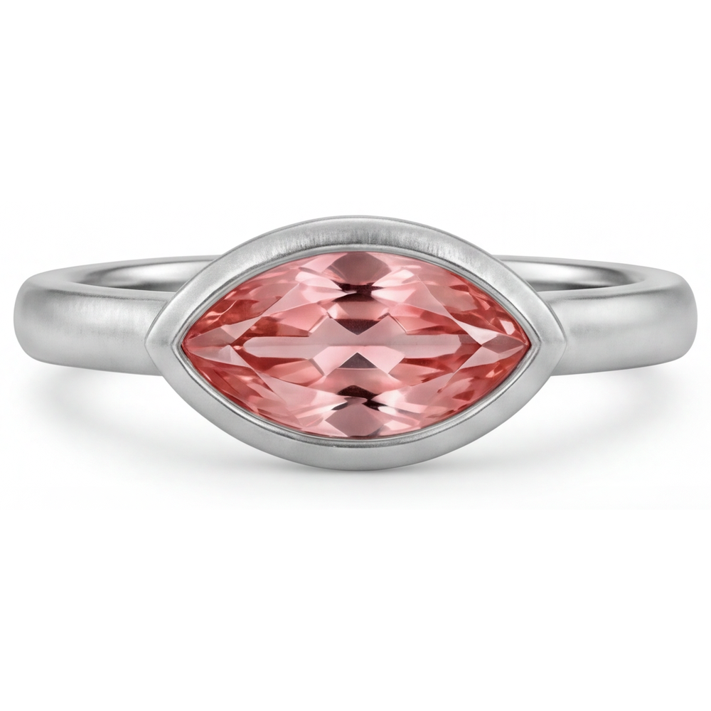 Anello Solitario Antico con Zaffiro Padparadscha da Laboratorio Taglio Marquise Lunetta 3,5 Carati in Oro Bianco 14K