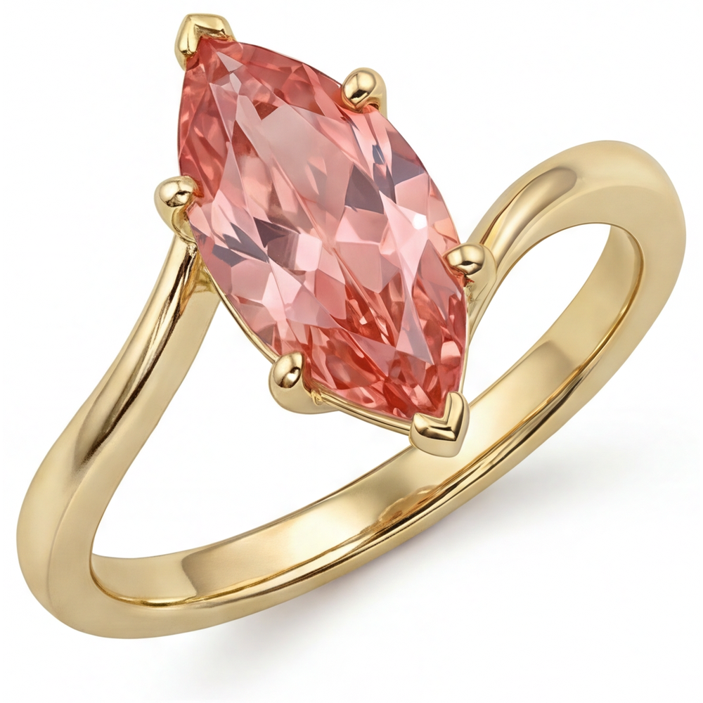 Anello Contrarié con Zaffiro Padparadscha da Laboratorio Taglio Marquise da 3,5 Carati in Oro Giallo 14K