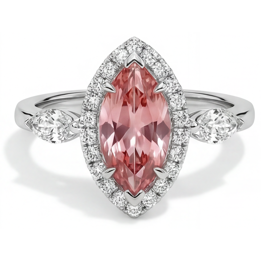 Anello con Zaffiro Padparadscha Naturale da 2,3 Carati Taglio Marquise Halo Vintage in Oro Bianco 14K