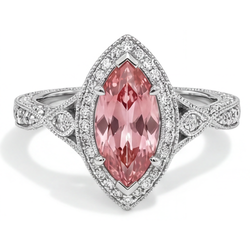 Anello con Zaffiro Pesca Padparadscha Naturale Taglio Marquise da 2,3 Carati Halo Gambo Sdoppiato in Oro Bianco 14K