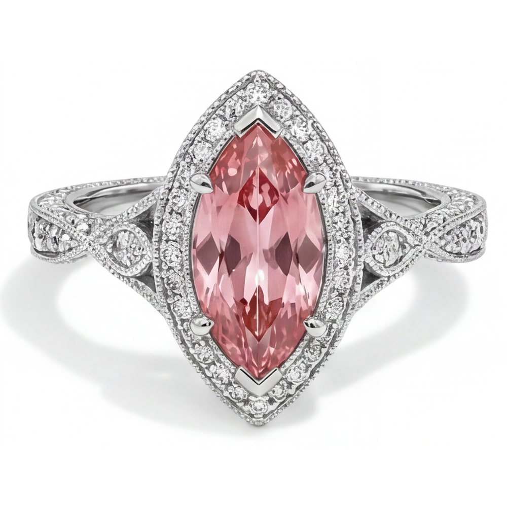 Anello con Zaffiro Pesca Padparadscha Naturale Taglio Marquise da 2,3 Carati Halo Gambo Sdoppiato in Oro Bianco 14K