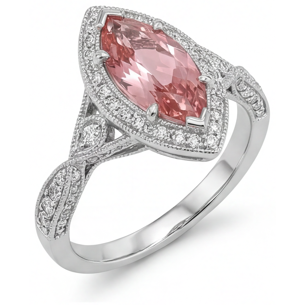 Anello con Zaffiro Pesca Padparadscha Naturale Taglio Marquise da 2,3 Carati Halo Gambo Sdoppiato in Oro Bianco 14K