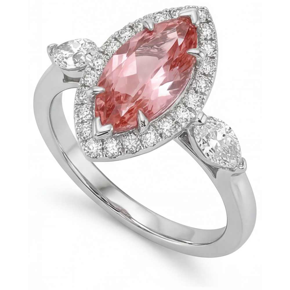Anello con Zaffiro Padparadscha Naturale da 2,3 Carati Taglio Marquise Halo Vintage in Oro Bianco 14K