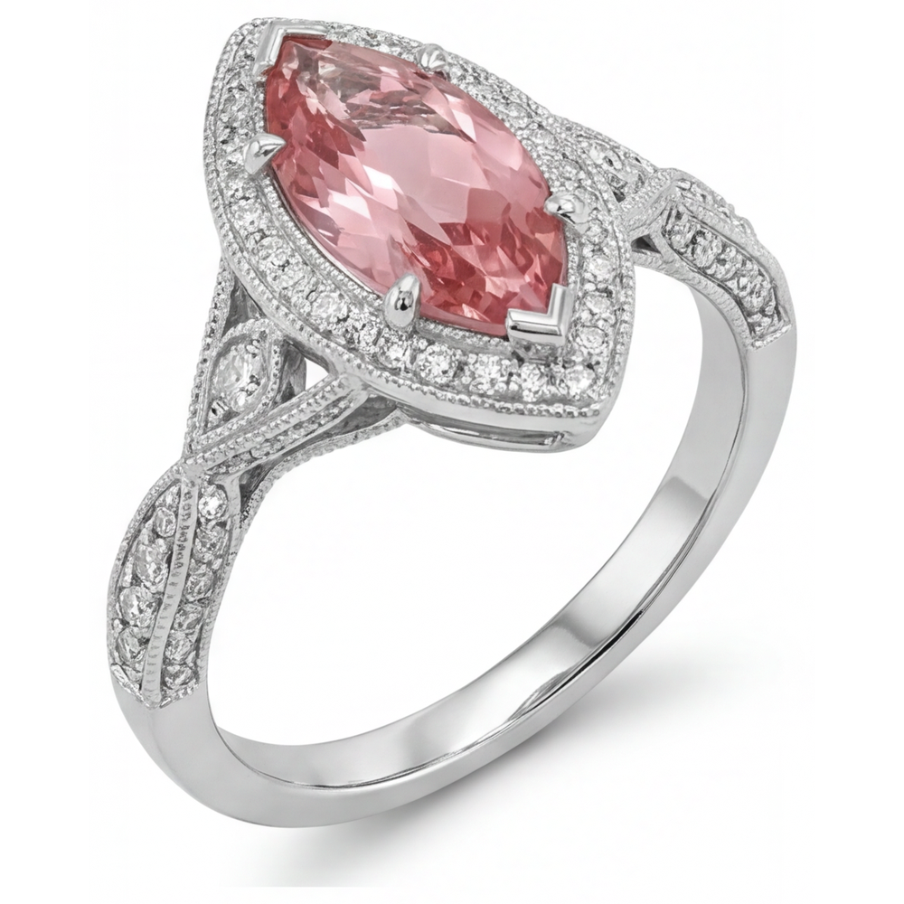 Anello con Zaffiro Pesca Padparadscha Naturale Taglio Marquise da 2,3 Carati Halo Gambo Sdoppiato in Oro Bianco 14K
