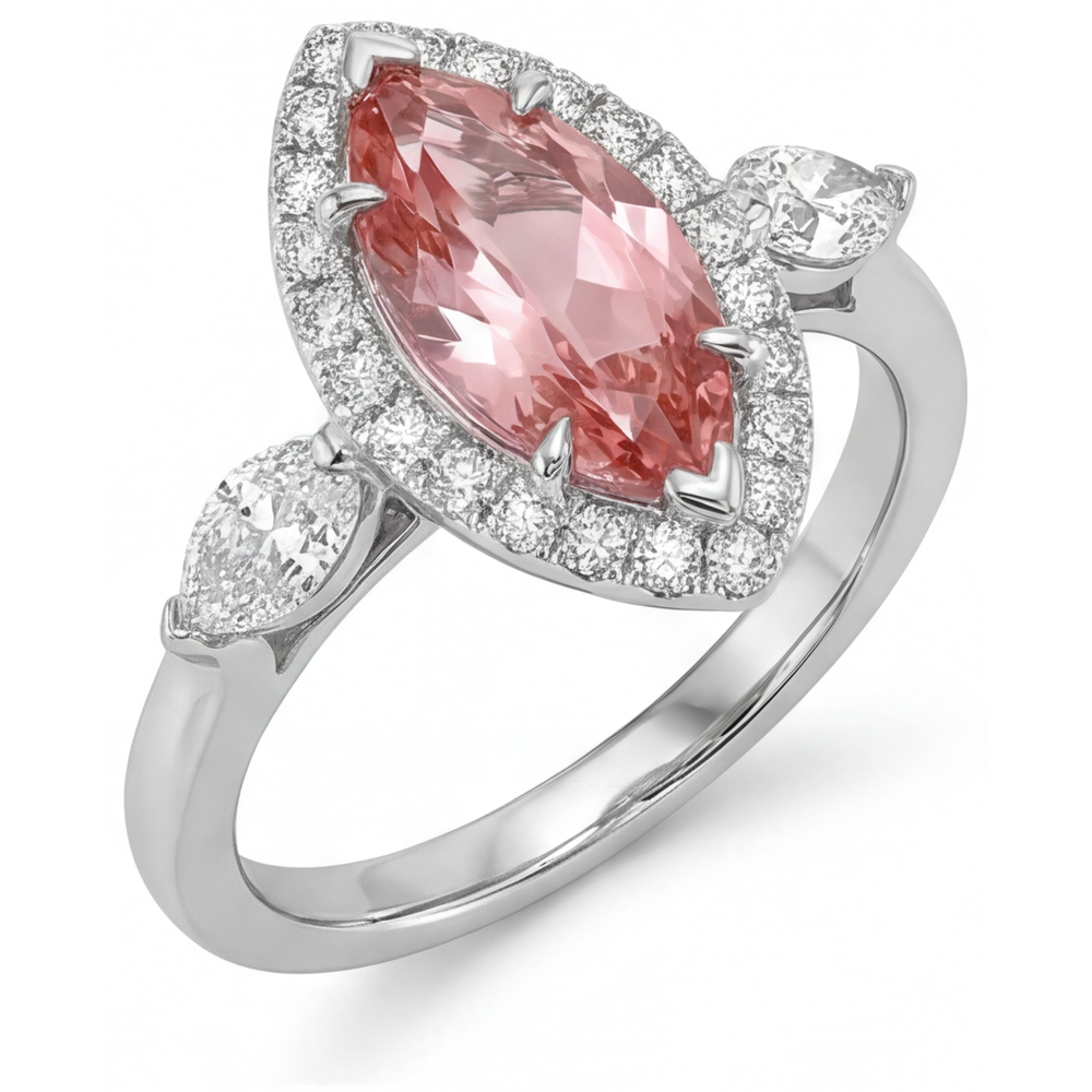 Anello con Zaffiro Padparadscha Naturale da 2,3 Carati Taglio Marquise Halo Vintage in Oro Bianco 14K