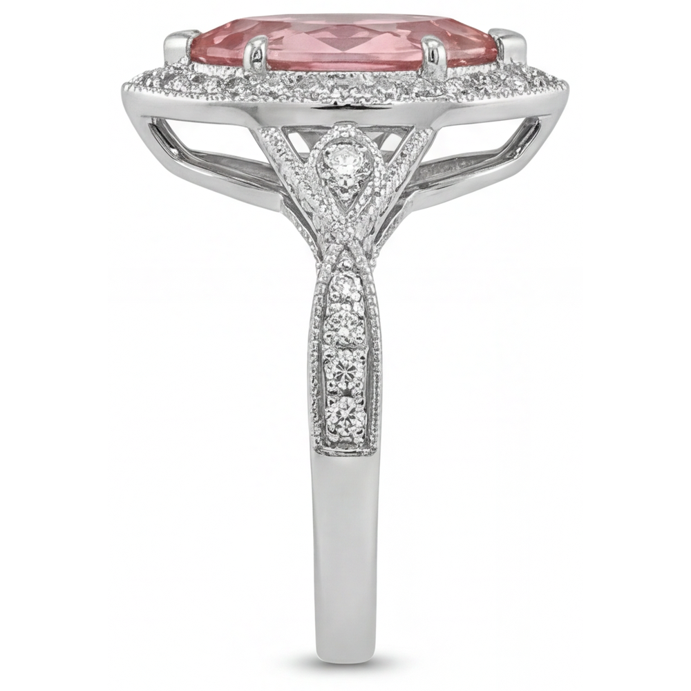 Anello con Zaffiro Pesca Padparadscha Naturale Taglio Marquise da 2,3 Carati Halo Gambo Sdoppiato in Oro Bianco 14K