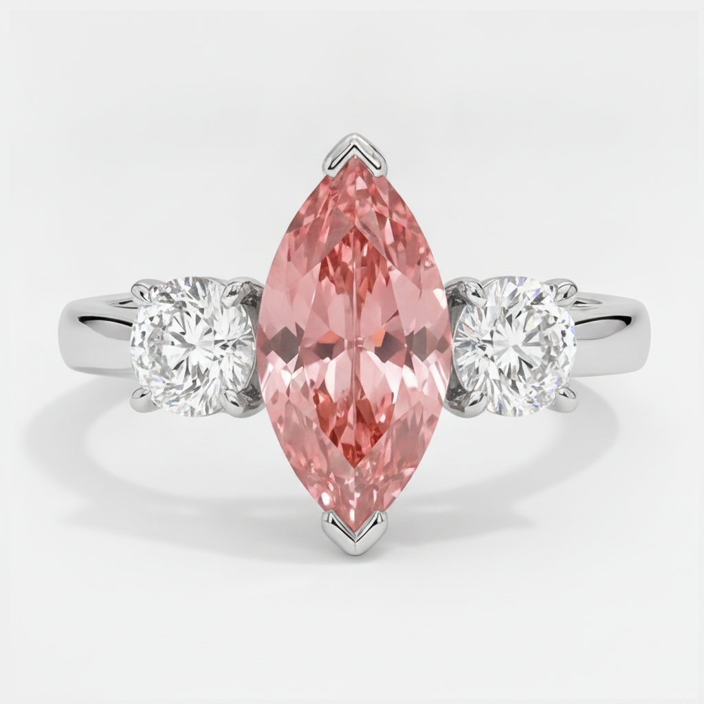 Anello in platino a tre pietre con zaffiro Padparadscha autentico taglio marquise da 3,1 carati
