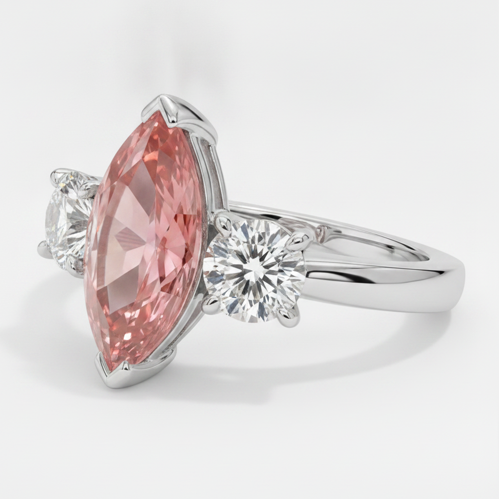 Anello in platino a tre pietre con zaffiro Padparadscha autentico taglio marquise da 3,1 carati