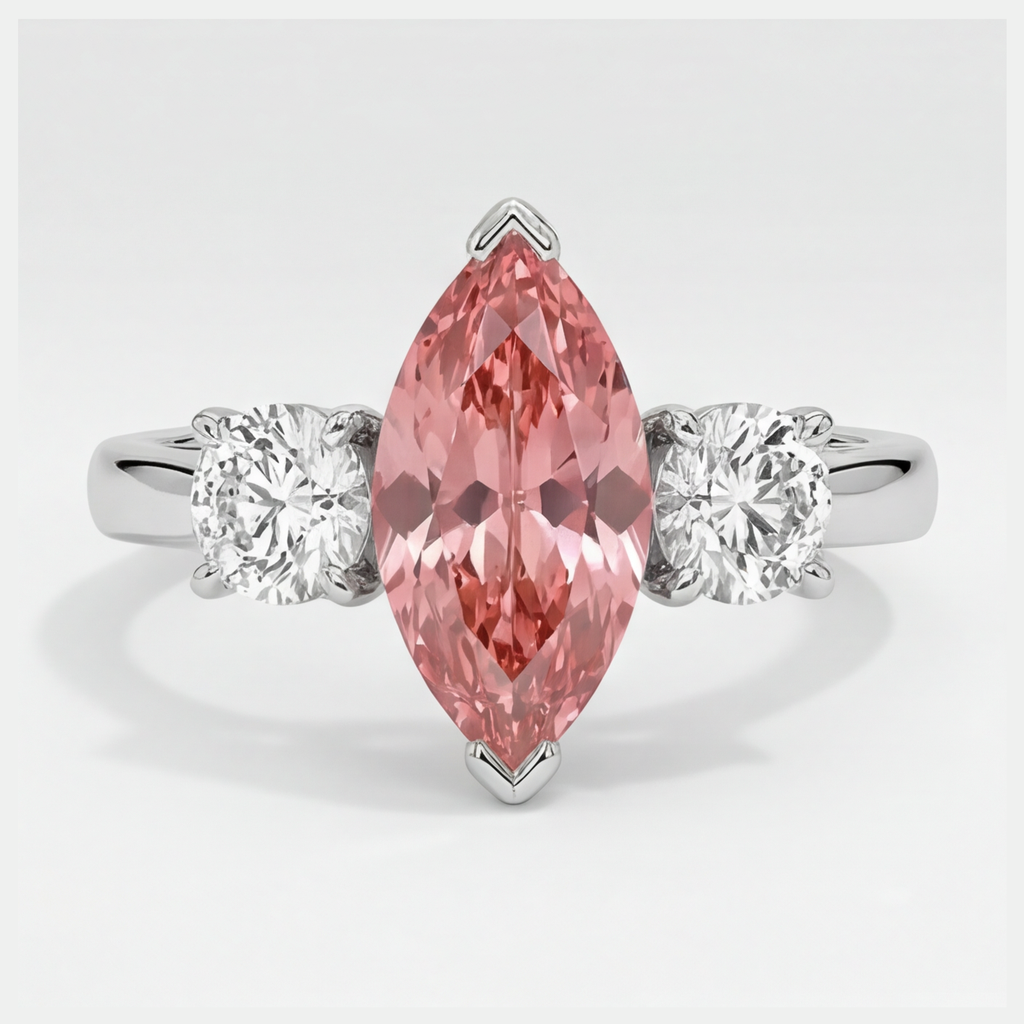 Anello in platino a tre pietre con zaffiro Padparadscha autentico taglio marquise da 3,1 carati
