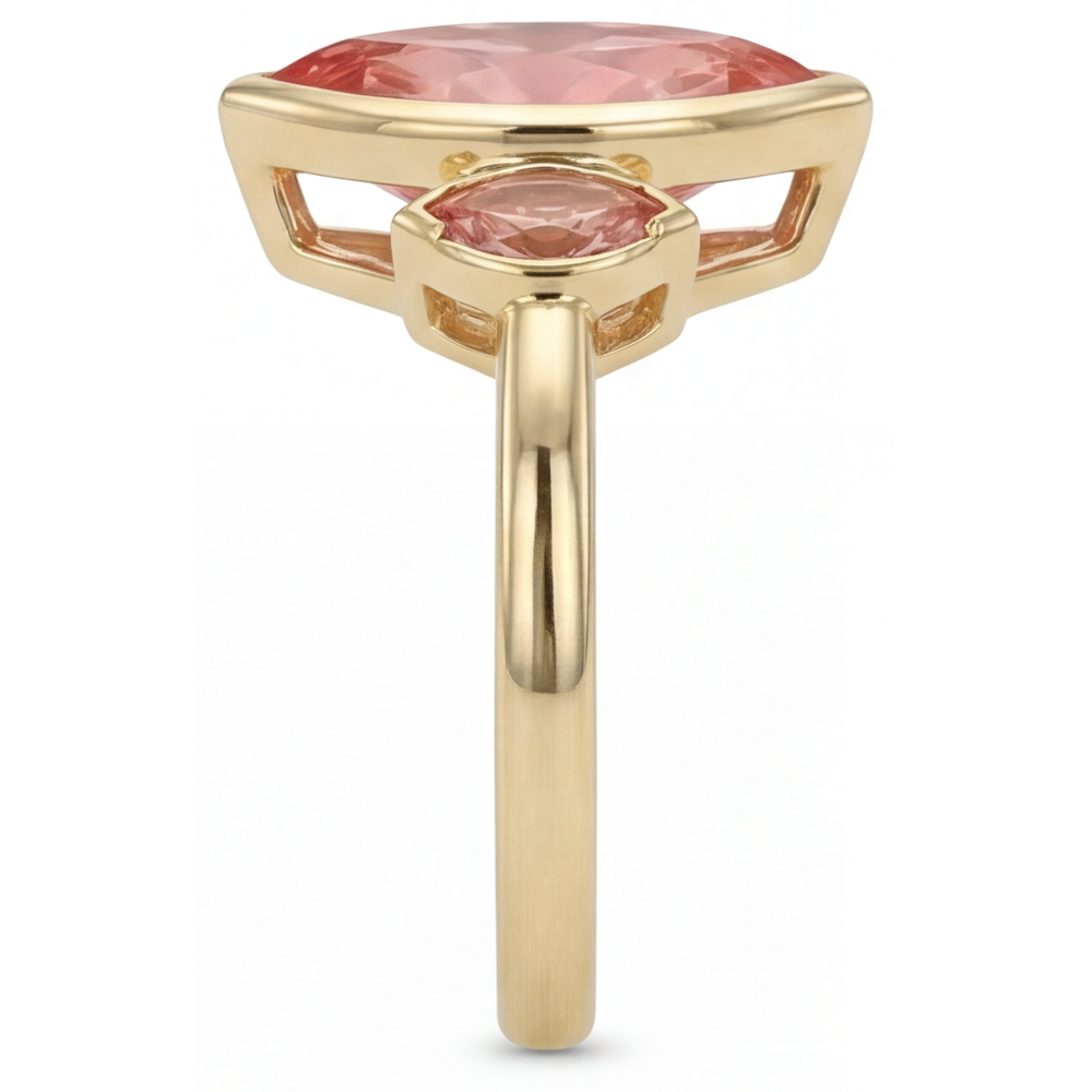 Anello di Fidanzamento a Tre Pietre con Zaffiro Padparadscha Pesca Naturale Taglio Marquise da 3 Carati, Lunetta in Oro Giallo 14 Carati