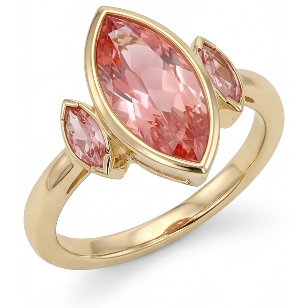 Anello di Fidanzamento a Tre Pietre con Zaffiro Padparadscha Pesca Naturale Taglio Marquise da 3 Carati, Lunetta in Oro Giallo 14 Carati
