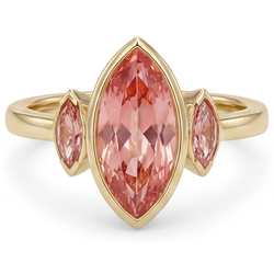 Anello di Fidanzamento a Tre Pietre con Zaffiro Padparadscha Pesca Naturale Taglio Marquise da 3 Carati, Lunetta in Oro Giallo 14 Carati