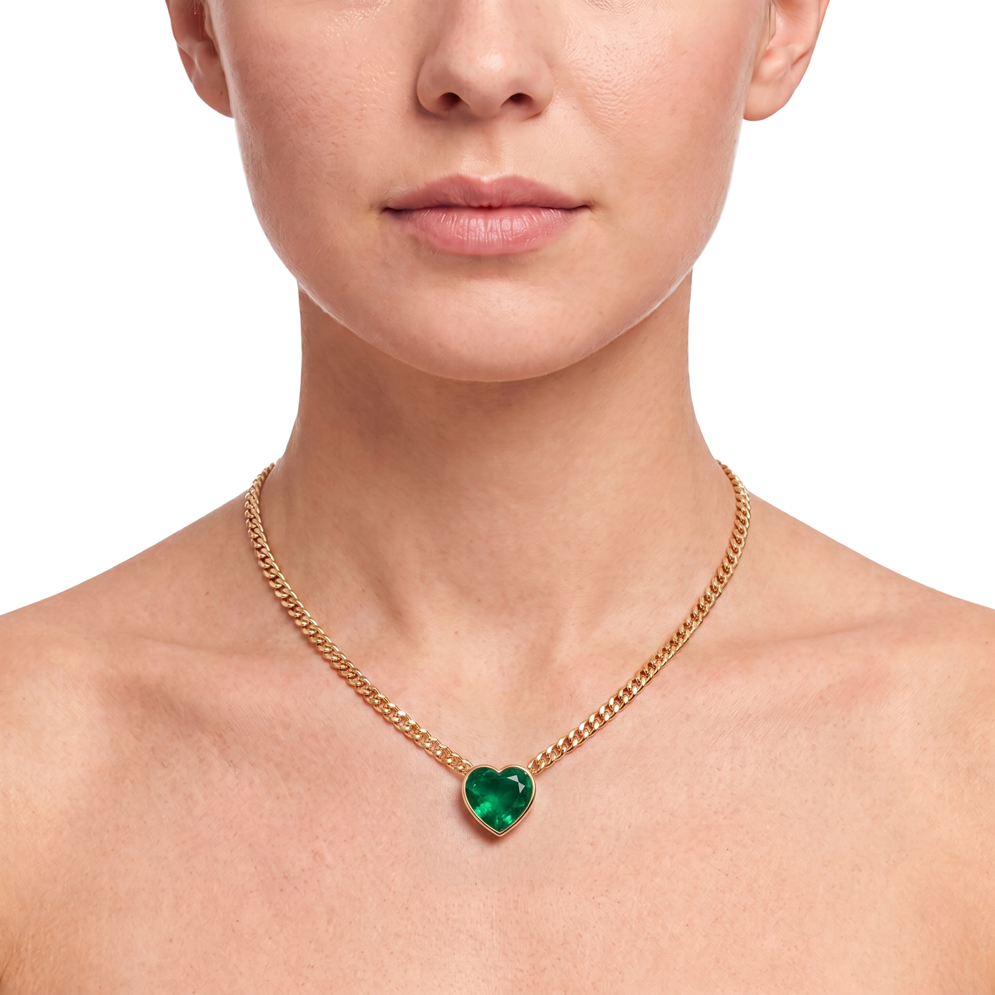 Collana a maglia cubana Miami in oro con pendente scorrevole a cuore e smeraldo da 6 carati