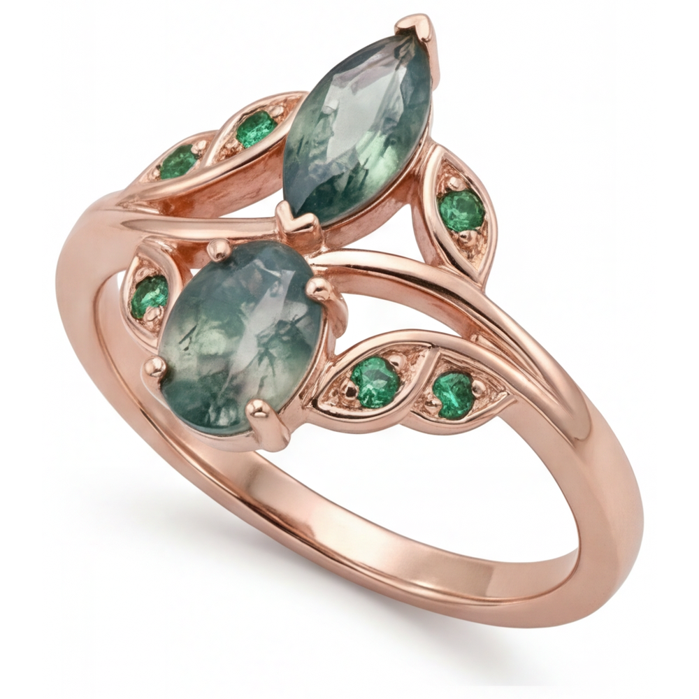 Moss Agate Marquise Anello con Gemma in Oro 14 Carati Rosa – vista laterale