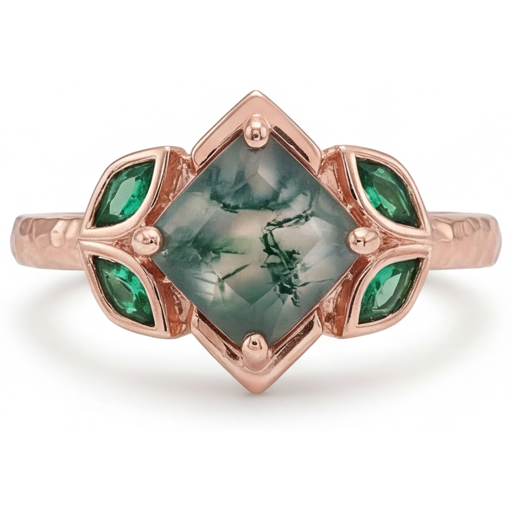 Moss Agate Princess Anello con Gemma in Oro Rosa 14K – vista frontale
