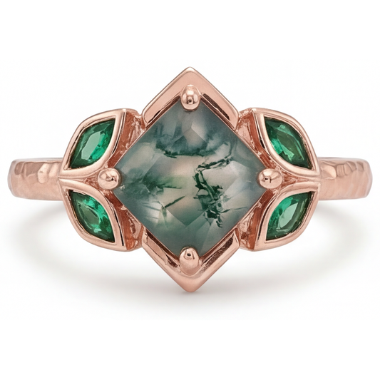 Moss Agate Princess Anello con Gemma in Oro Rosa 14K – vista frontale