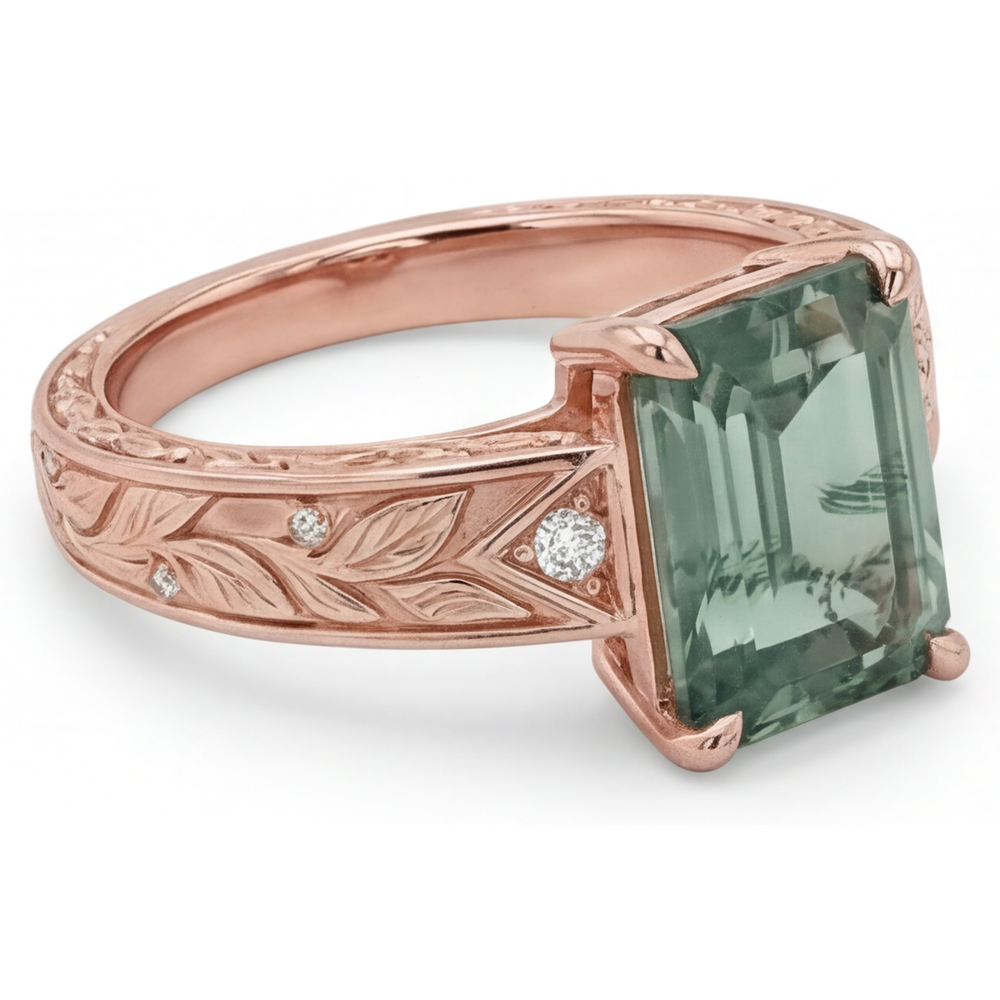 Moss Agate Taglio a Gradini Anello con Gemma in Oro Rosa 14K – vista laterale