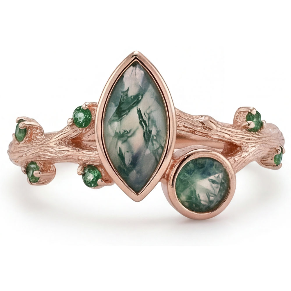 Moss Agate Anello con Pietra Preziosa 1,50-carati Oro Rosa 14K – vista frontale