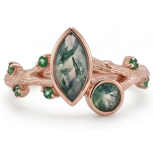 Moss Agate Anello con Pietra Preziosa 1,50-carati Oro Rosa 14K – vista frontale