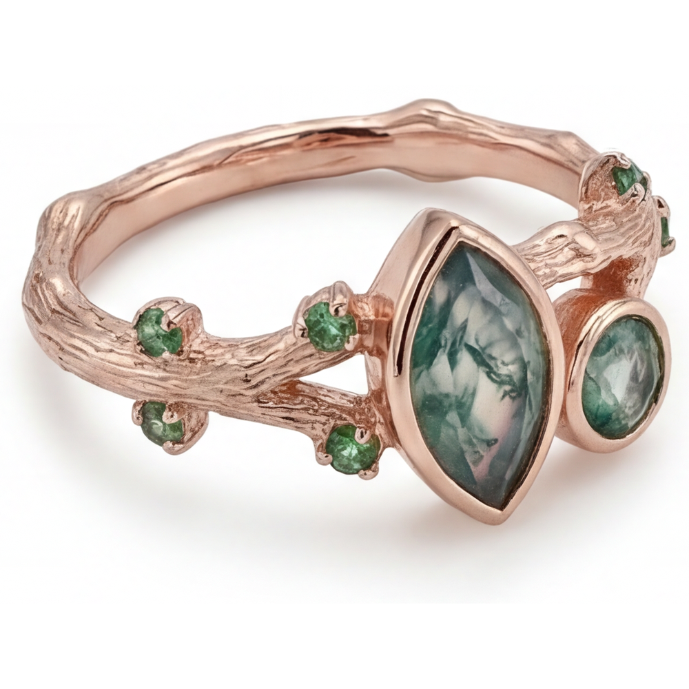 Moss Agate Taglio Marquise Anello con Pietra Preziosa in Oro Rosa 14K – vista laterale