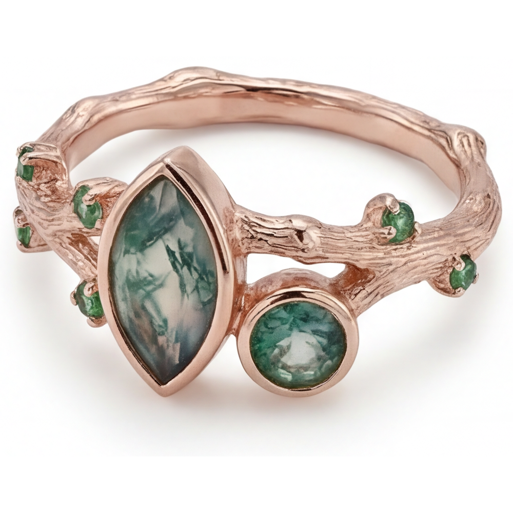 Anello con Pietra Preziosa Oro Rosa 14K con Moss Agate – vista angolare