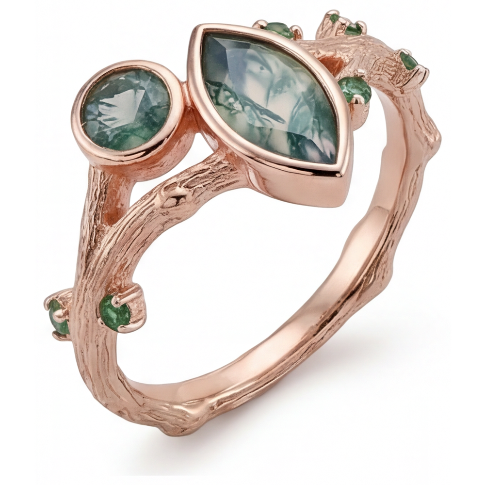Moss Agate Taglio Marquise Anello con Pietra Preziosa in Oro Rosa 14K – vista profilo