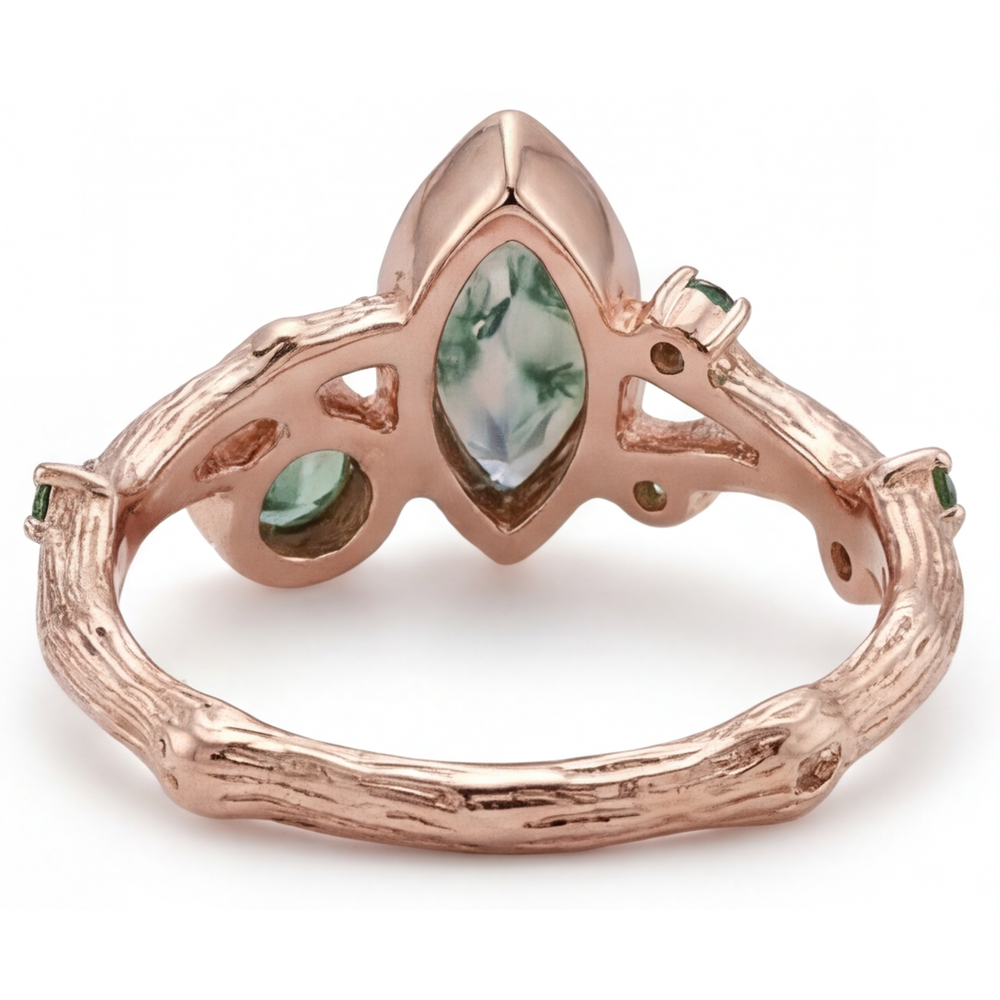 Taglio Marquise Moss Agate anello in Oro Rosa 14K – vista dettaglio