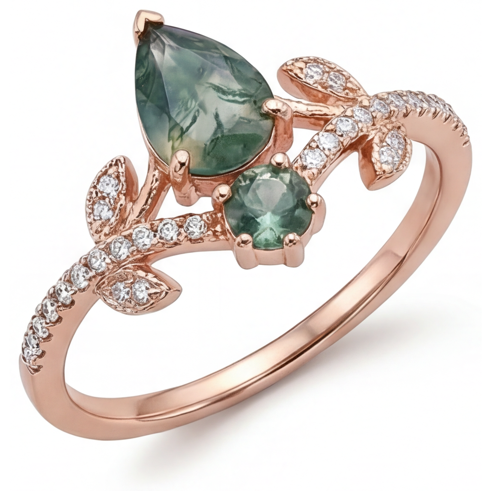 Anello con Pietra Preziosa Oro Rosa 14K con Moss Agate – vista laterale