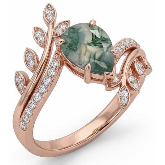 Moss Agate Goccia Anello con Pietra Preziosa in Oro Rosa 14K – vista principale