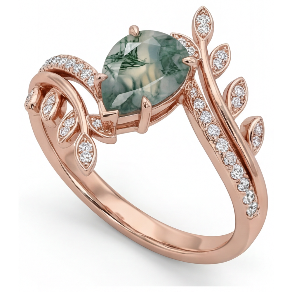Goccia Moss Agate anello in Oro Rosa 14K – vista frontale