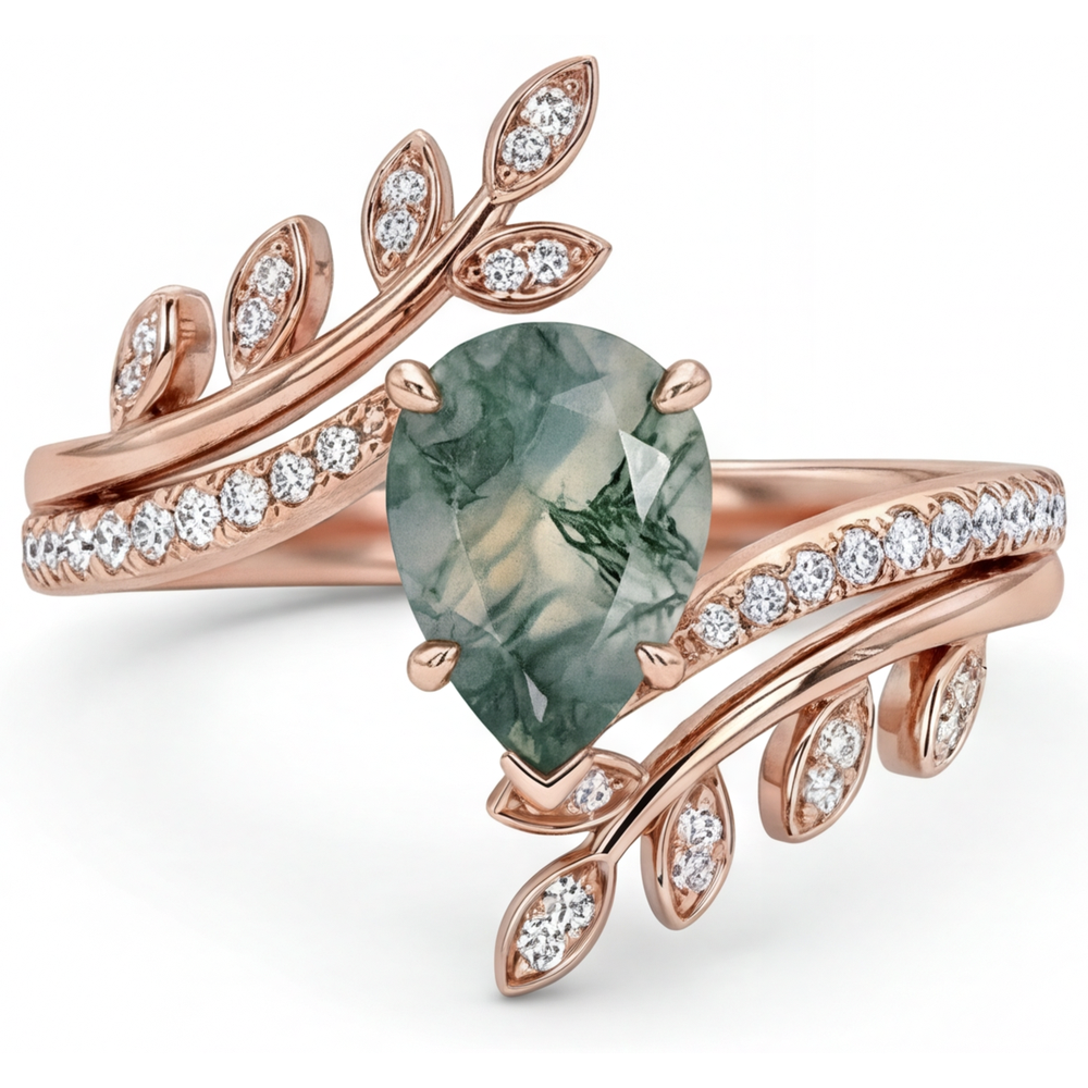 Moss Agate Goccia Anello con Pietra Preziosa in Oro Rosa 14K – vista laterale